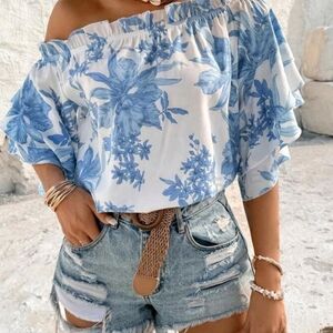 SHEIN VCAY PRINT OFF SHOULDER BLOUSE NWOT